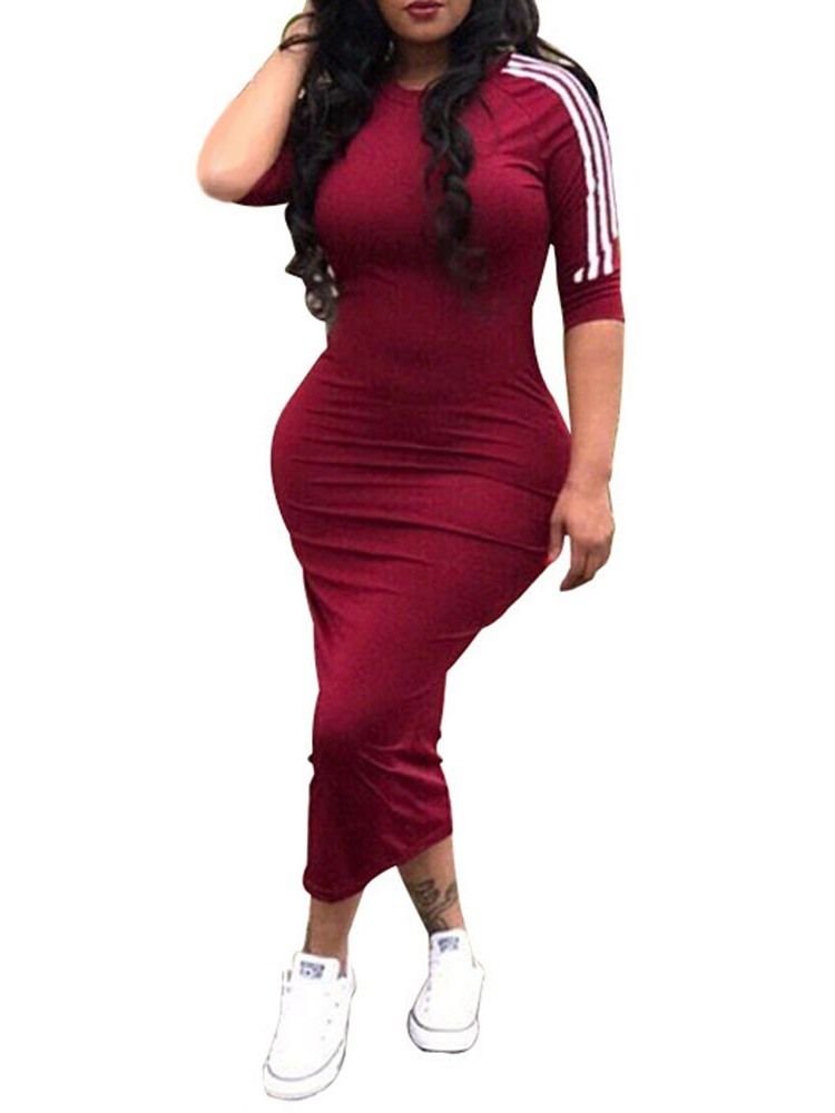 Vestido De Verão Feminino Com Decote Redondo Meia Manga Meia Canela E Cintura Média