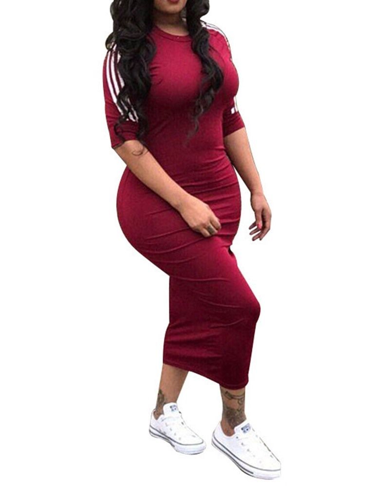 Vestido De Verão Feminino Com Decote Redondo Meia Manga Meia Canela E Cintura Média