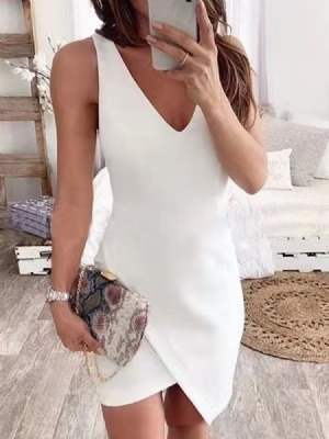 Vestidos Femininos Sem Mangas Com Decote Em V Acima Do Joelho Assimétricos Lisos Bodycon