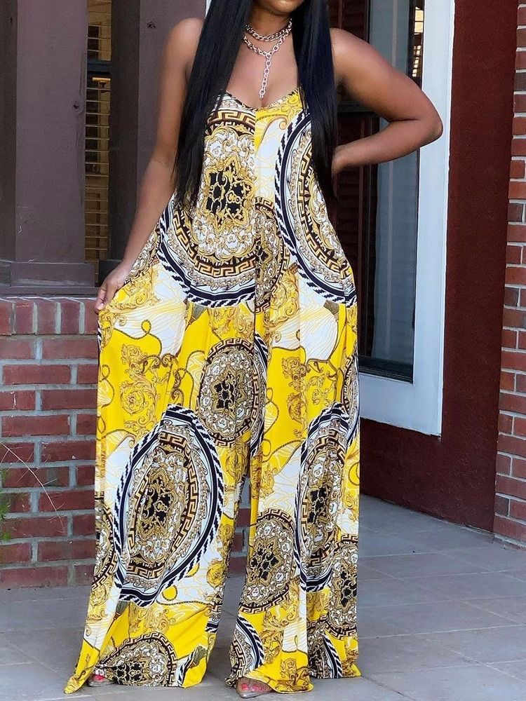 Macacão Casual De Comprimento Total Estampado Reto Solto Feminino