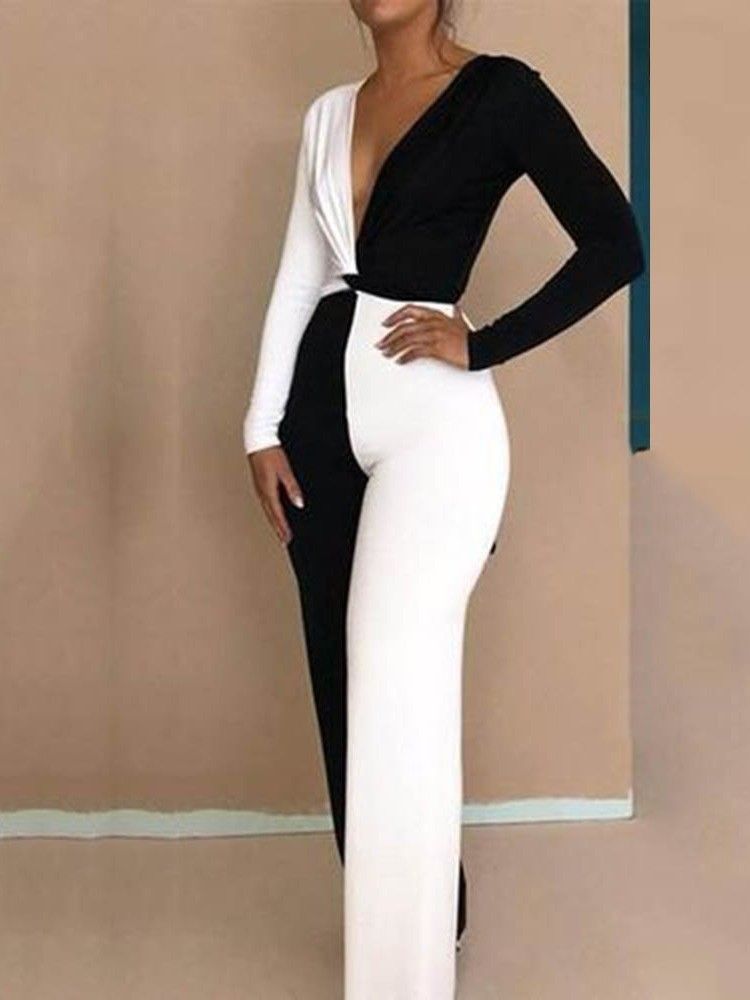 Macacão De Corpo Inteiro Cor Bloco Escritório Lady Slim Wide Legs Feminino