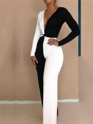 Macacão De Corpo Inteiro Cor Bloco Escritório Lady Slim Wide Legs Feminino
