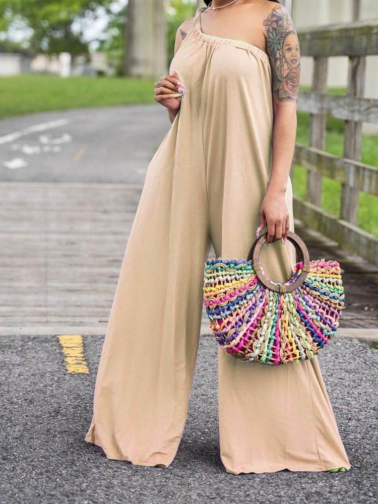 Macacão Feminino Casual Liso De Comprimento Total E Pernas Largas