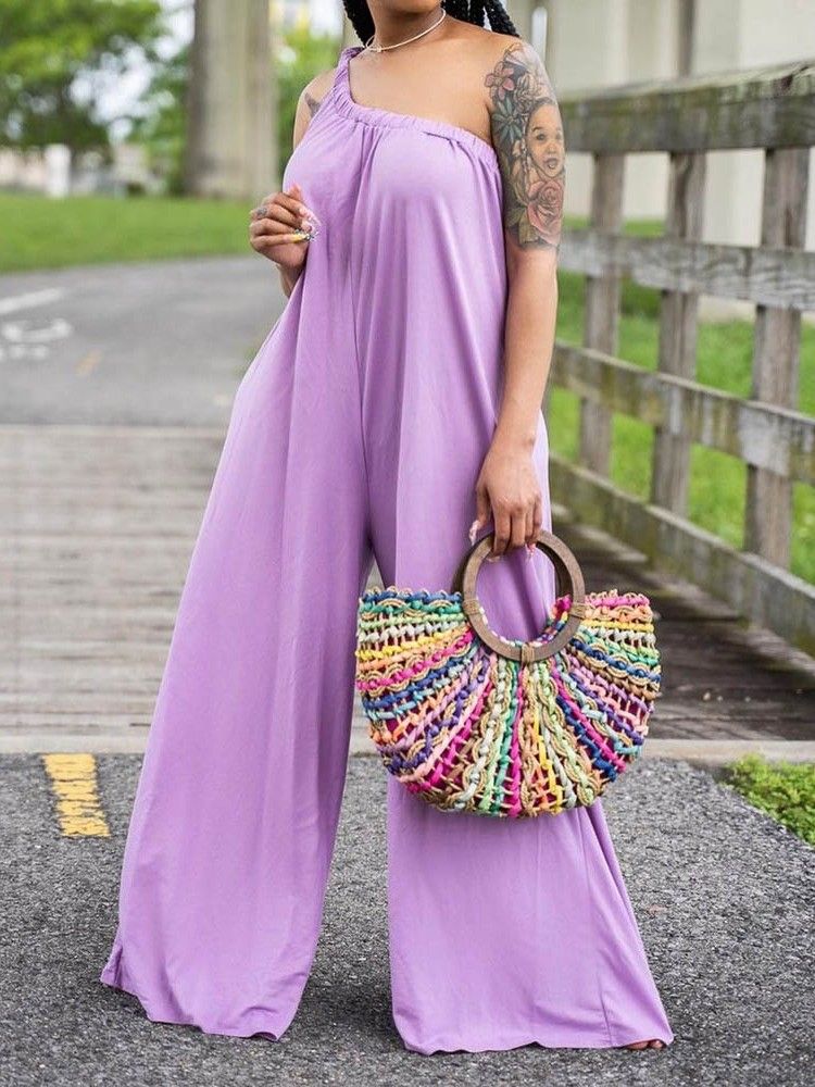 Macacão Feminino Casual Liso De Comprimento Total E Pernas Largas
