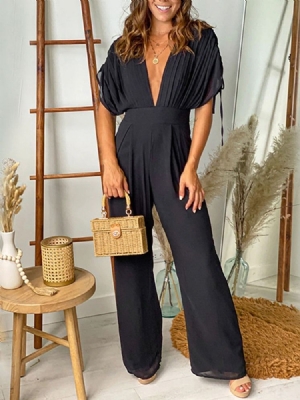 Macacão Feminino Casual Plissado De Comprimento Total Com Pernas Largas E Pernas Largas
