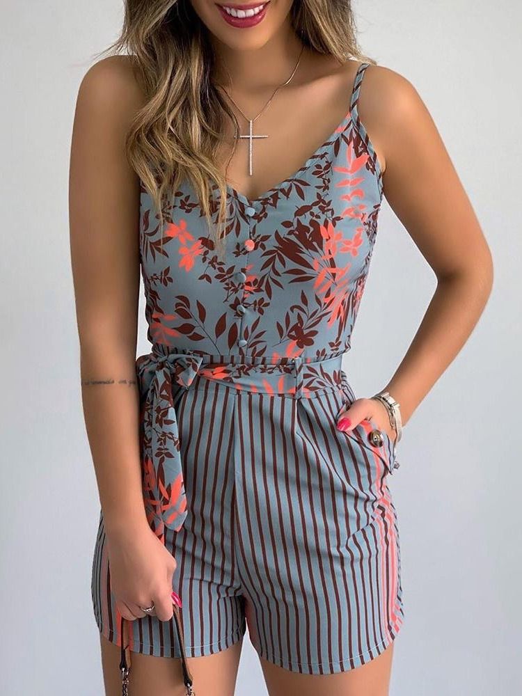 Macacão Feminino Floral Com Estampa Ocidental Fina De Pernas Largas