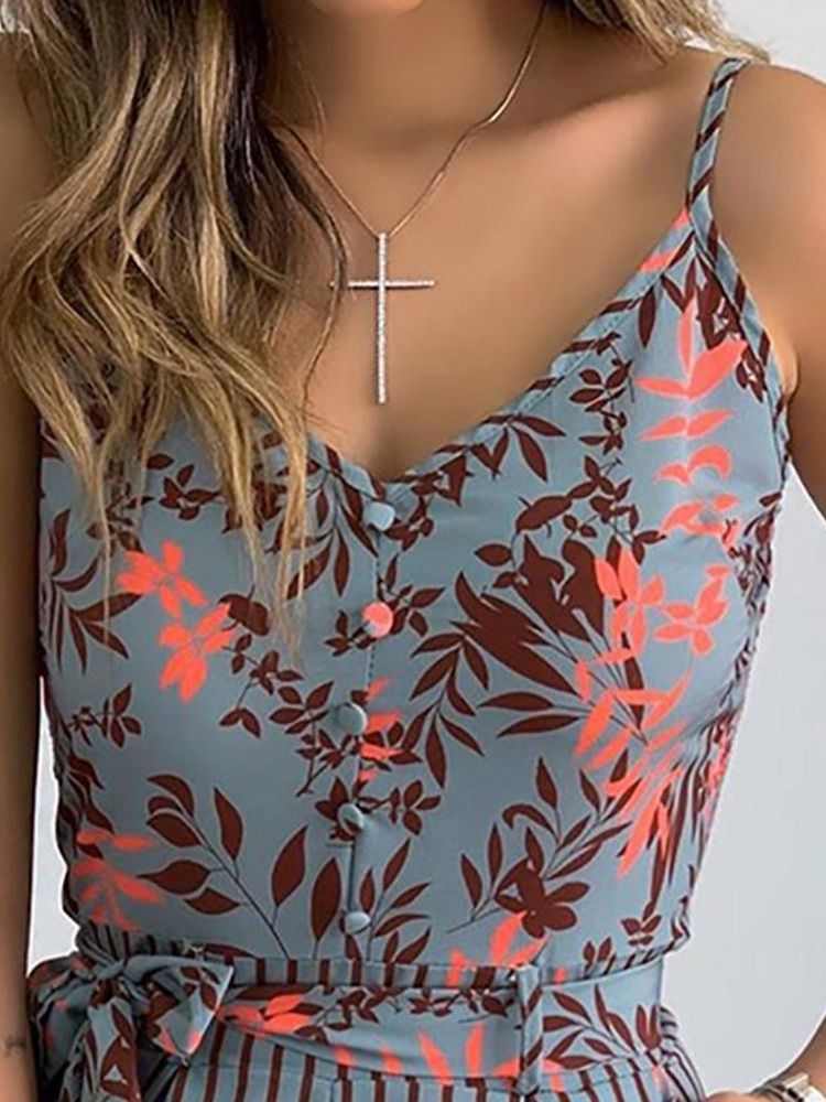 Macacão Feminino Floral Com Estampa Ocidental Fina De Pernas Largas