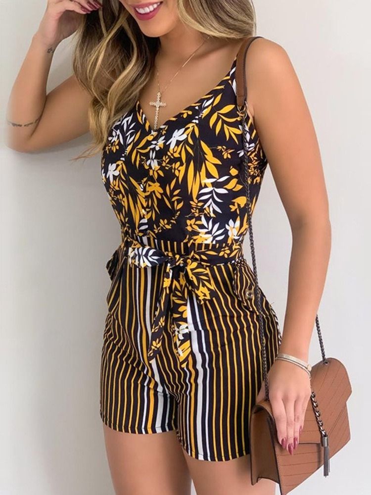 Macacão Feminino Floral Com Estampa Ocidental Fina De Pernas Largas