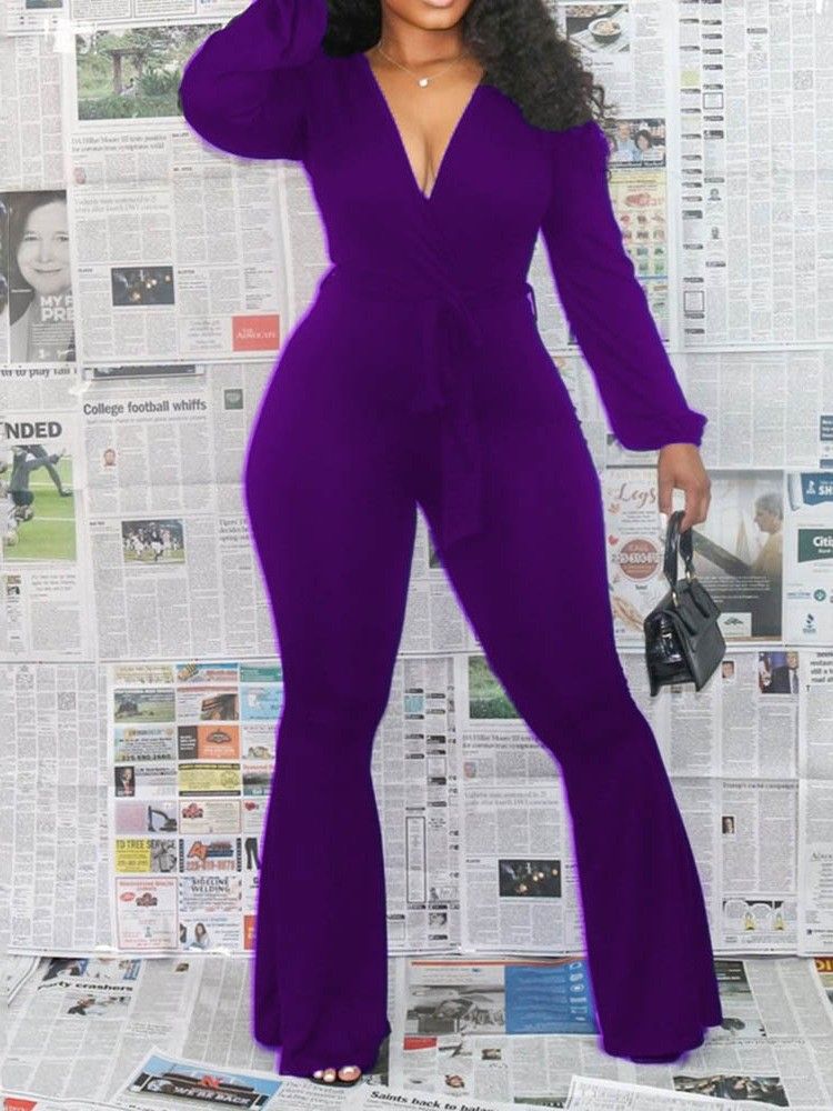 Macacão Feminino Office Lady De Comprimento Total Liso Bellbottoms