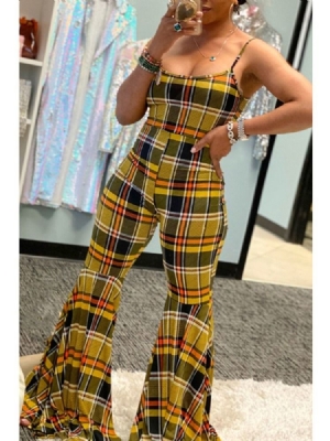 Macacão Feminino De Xadrez De Patchwork Xadrez De Cintura Alta Bellbottoms Feminino