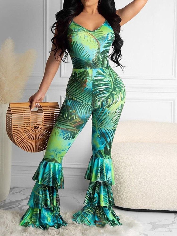 Plant Macacão Feminino Patchwork Comprido Fino Bellbottoms