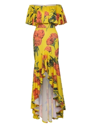 Asym Falbala Patchwork Patchwork Feminino Vestido Maxi