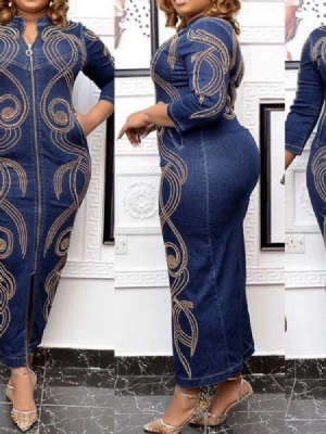 Colarinho De Pé Na Altura Do Tornozelo Manga De Três Quartos Em Bloco De Cor Regular Vestido Feminino
