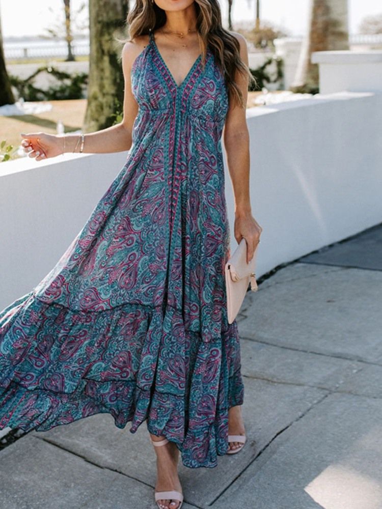 Decote Em V Tornozelo Estampa Office Lady Pullover Dress Floral Maxi Dress Vestidos De Praia Para Mulheres