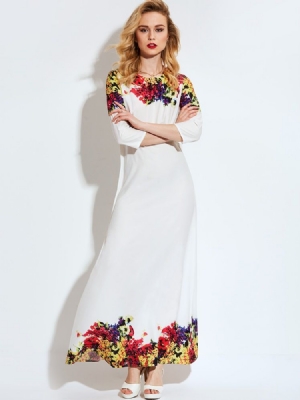 Estampa Floral Feminina3 Vestido Maxi De Expansão Com Mangas 4 Comprimento