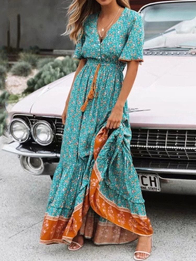 Estampa Vestido Feminino Longo Com Decote Em V Colorido Block Pullover