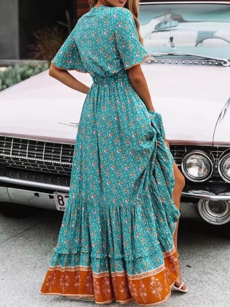 Estampa Vestido Feminino Longo Com Decote Em V Colorido Block Pullover