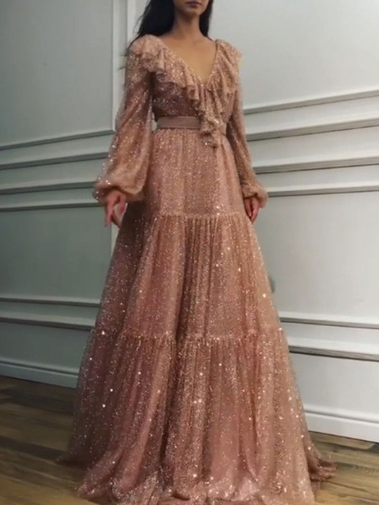 Falbala Vestido De Manga Comprida Até O Chão Vestido Feminino De Cintura Alta