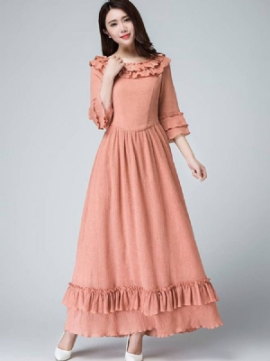 Feminino Gola Ruffled Falbala Patchwork Vestido Maxi Plissado
