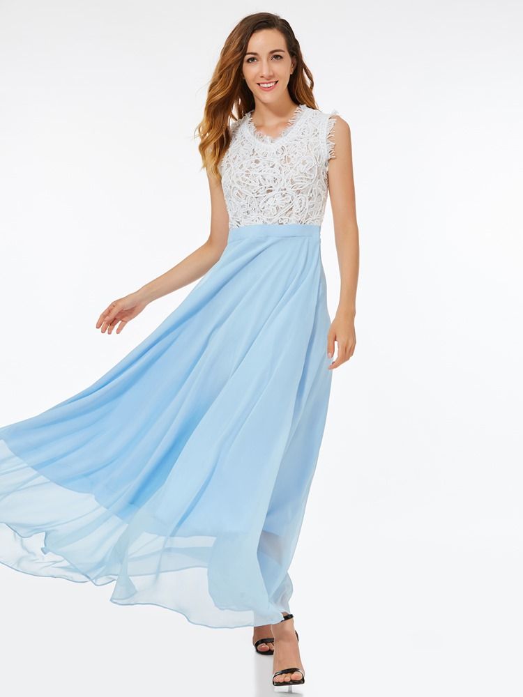 Feminino Lace Mesh Patchwork Expansion Maxi Dress Vestido De Noiva