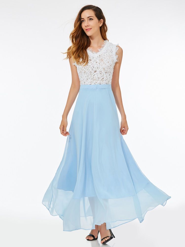 Feminino Lace Mesh Patchwork Expansion Maxi Dress Vestido De Noiva