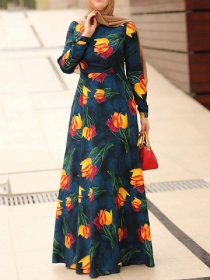 Imprimir Vestido Feminino Floral De Manga Longa Até O Chão