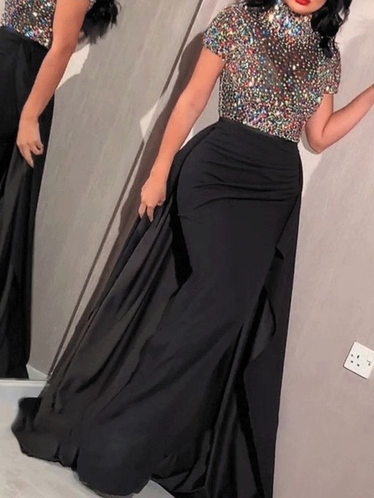 Lantejoulas Até O Chão Manga Curta Vestido Regular Feminino Para Todas As Estações