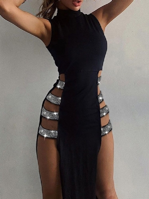 Metade Da Panturrilha Sem Mangas Gola Alta Vestido Feminino Assimétrico