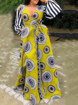 Moda Africana Feminina Vestido De Patchwork Até O Chão Com Decote Em V E Bolso Com Cintura Alta Vestido