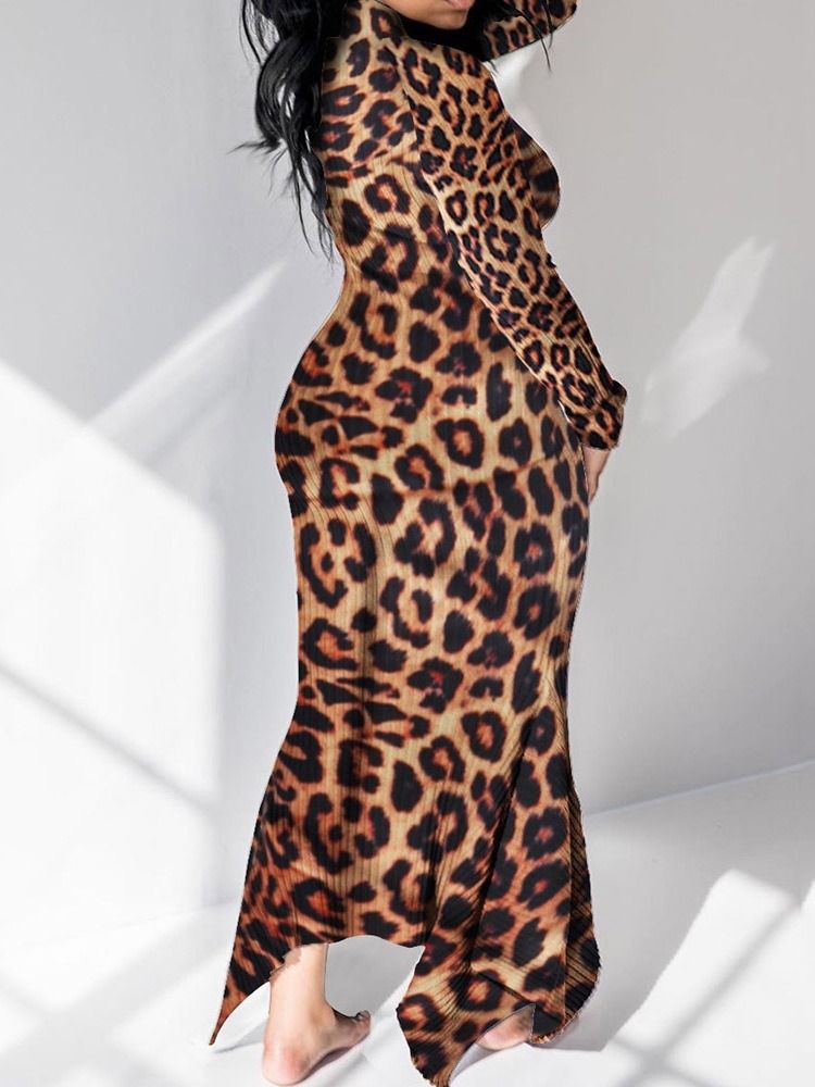 Mulher Com Colarinho Alto Até O Chão Pulôver De Manga Comprida Vestido Assimétrico