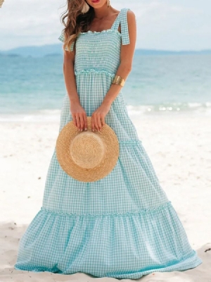Patchwork Decote Quadrado Até O Chão Xadrez Doce Vestido Maxi Vestidos De Praia Para Mulheres