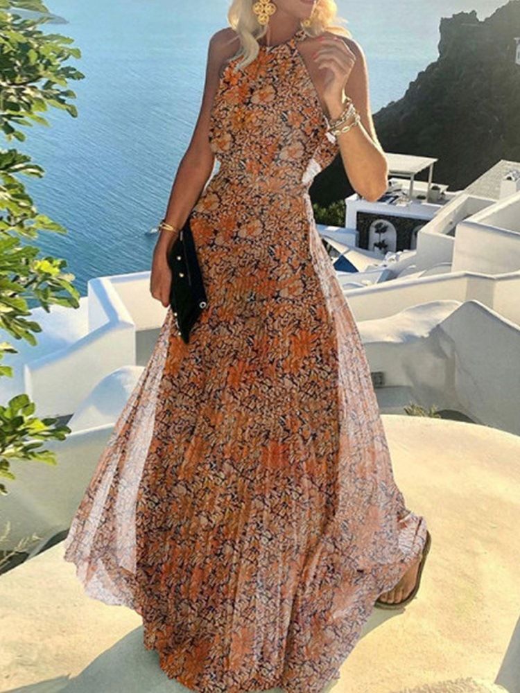 Patchwork Sem Mangas Vestido Floral Até O Chão