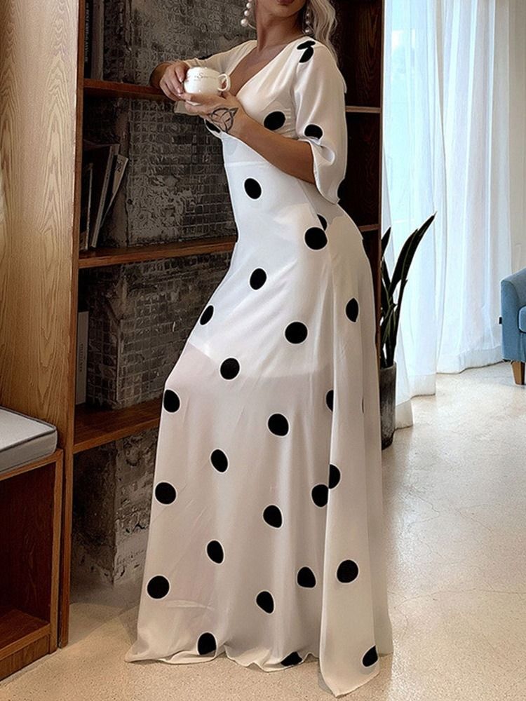 Patchwork Vestido Feminino Até O Chão Manga Três Quartos Linha A Bolinhas