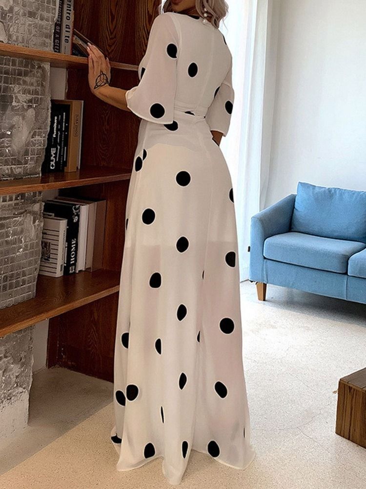 Patchwork Vestido Feminino Até O Chão Manga Três Quartos Linha A Bolinhas