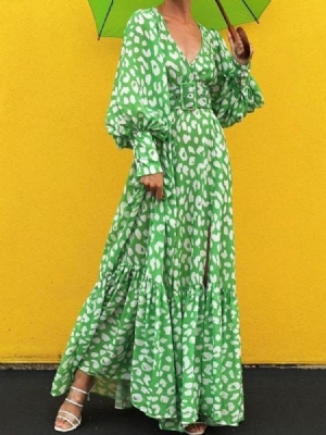 Pulôver Com Decote Em V Dividido Até O Chão. Vestido Maxi Floral Verde Vestidos De Praia Para Mulheres