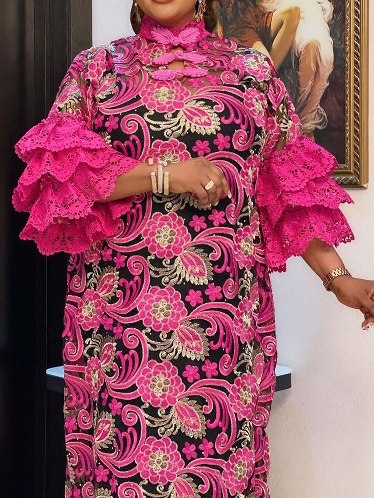 Pulôver Feminino Bordado Com Gola Alta Até O Chão Vestido Floral Maxi