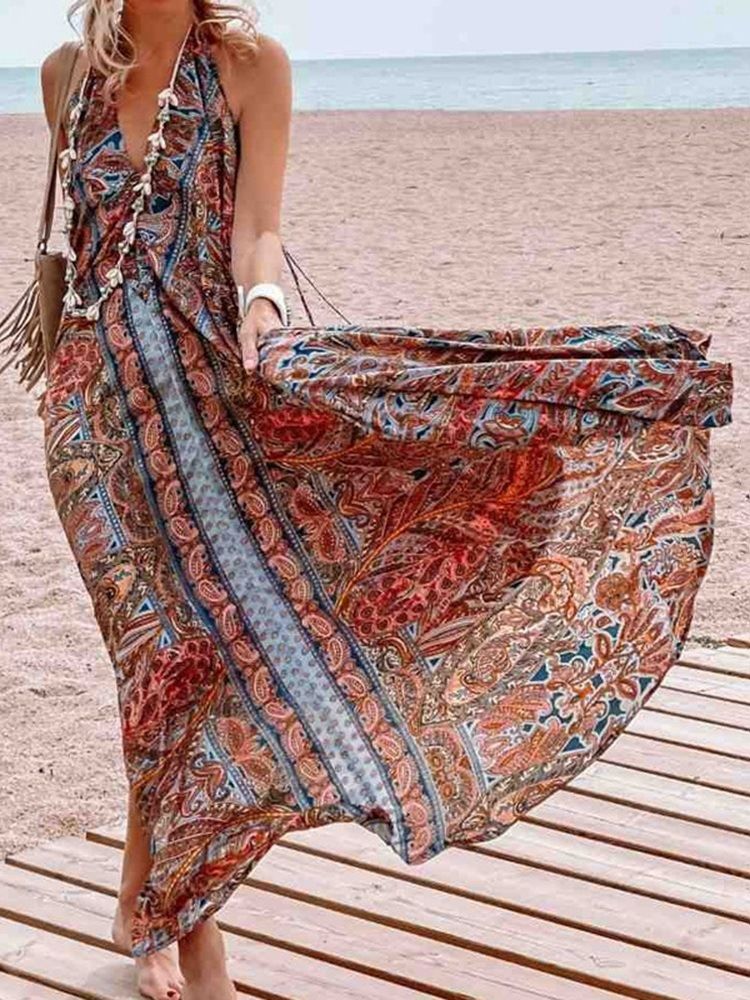 Pulôver Sem Mangas Até O Chão Com Decote Em V Vestido Maxi Floral Vestidos De Praia Para Mulheres