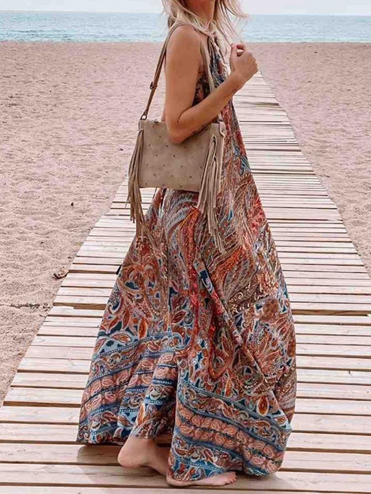 Pulôver Sem Mangas Até O Chão Com Decote Em V Vestido Maxi Floral Vestidos De Praia Para Mulheres