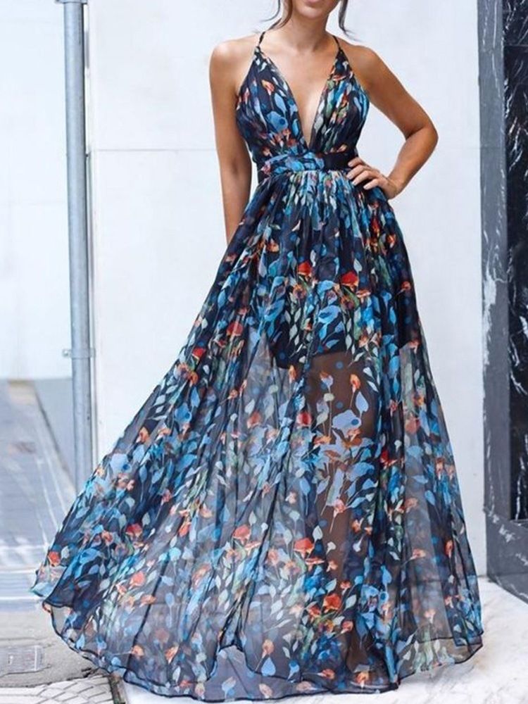 Tira De Espaguete Estampada Até O Chão Sem Mangas Vestido Sexy Vestido Maxi Floral Vestidos De Praia Para Mulheres
