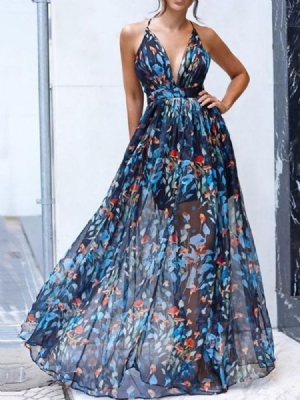 Tira De Espaguete Estampada Até O Chão Sem Mangas Vestido Sexy Vestido Maxi Floral Vestidos De Praia Para Mulheres