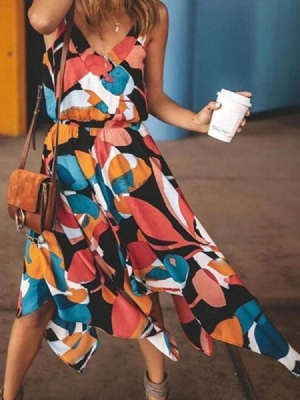 Vestido Casual Feminino Com Decote Em V Patchwork Meia Panturrilha
