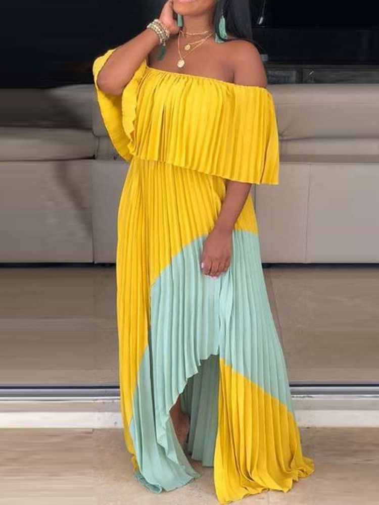 Vestido De Expansão Feminino Assimétrico Fora Do Ombro Pregueado Colorido