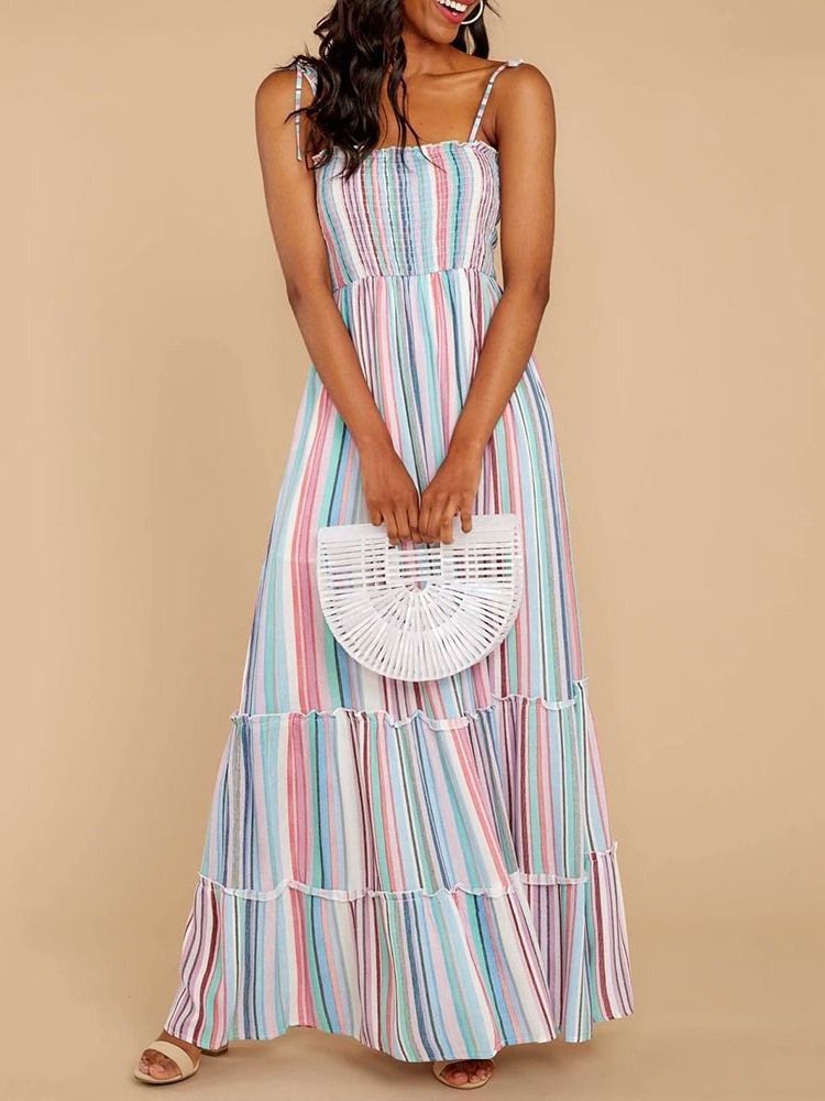 Vestido De Expansão Feminino Listrado Bowknot Na Altura Do Tornozelo E Sem Mangas Pulôver