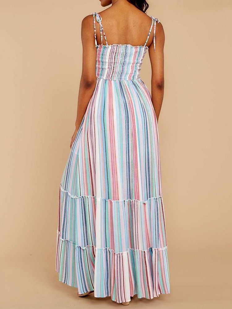Vestido De Expansão Feminino Listrado Bowknot Na Altura Do Tornozelo E Sem Mangas Pulôver