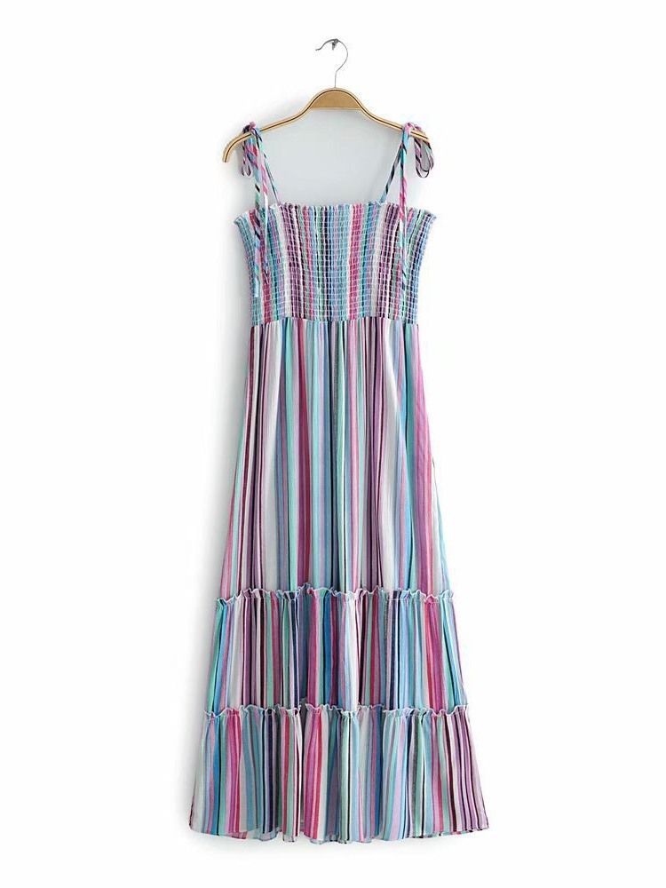 Vestido De Expansão Feminino Listrado Bowknot Na Altura Do Tornozelo E Sem Mangas Pulôver