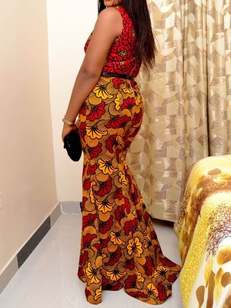 Vestido Feminino Africano Com Estampa Até O Chão E Sem Mangas Trompete (sem Cós)