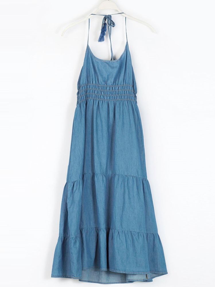 Vestido Feminino De Alça Espaguete Com Borla E Patchwork Maxi