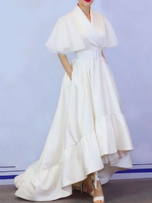 Vestido Feminino Assimétrico Com Meia Manga Até O Chão Vestido Liso Maxi Branco