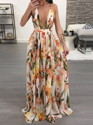 Vestido Feminino Até O Chão Com Estampa De Gola Em V