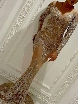 Vestido Feminino Até O Chão Decote Redondo Sereia Regular